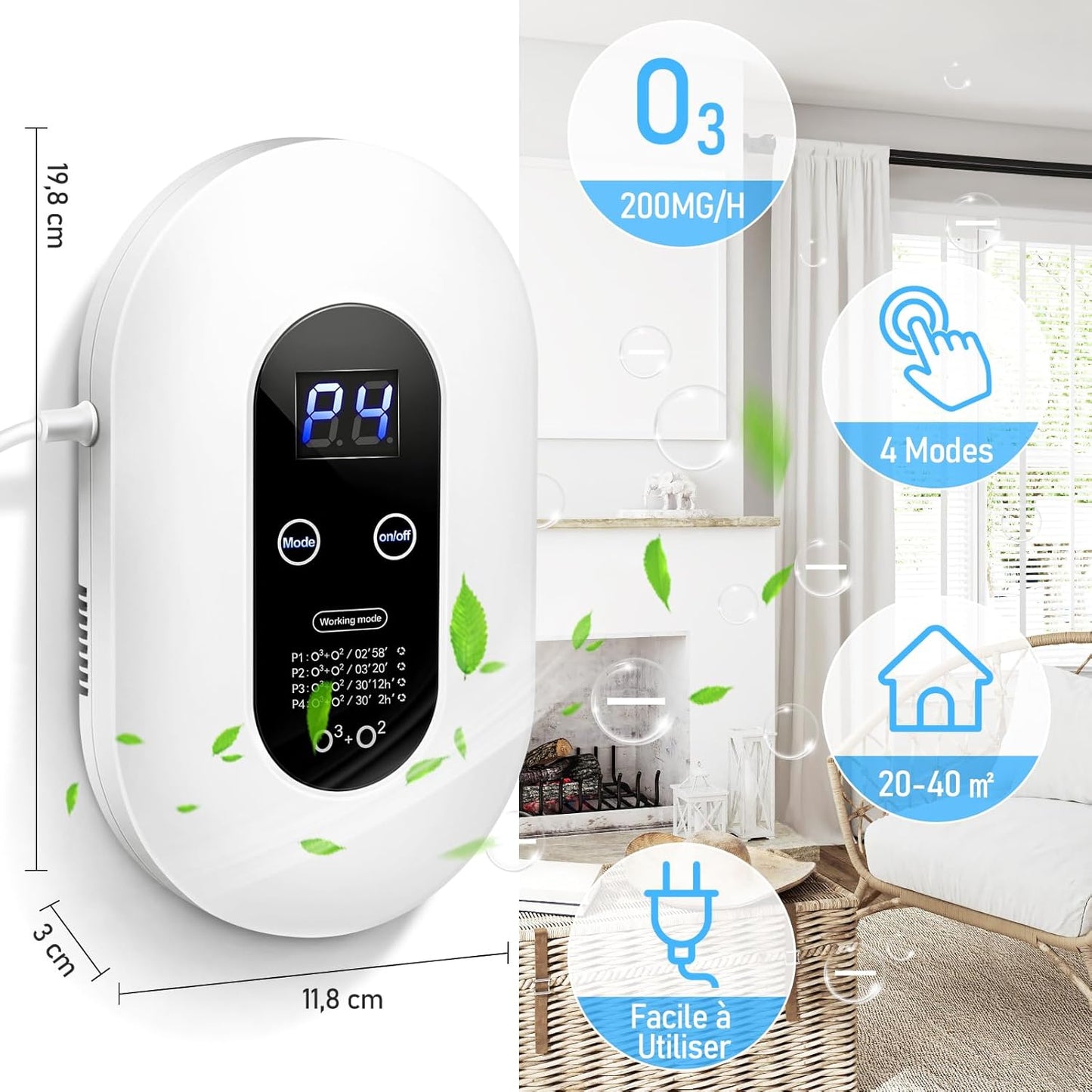 Générateur D'Ozone Purificateur D'Air, Ioniseur D'Air, Mini Purificateur D'Air À L'Ozone, Stérilisateur D'Odeurs Pour Chambre, Salle De Bain, Cuisine, Animaux Domestiques, Formaldéhyde, Odeur, Voiture